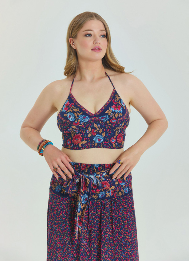 Halter Neck Open Back Pink Floral Plus Size Crop Blouse 4616